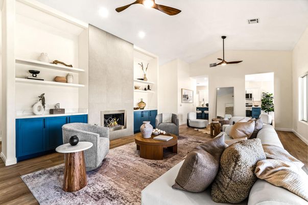 Fireplace, Interior, Living room, Recessed Lighting, Wood Texture Flooring