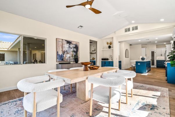 Dining room, Interior, Kitchen, Recessed Lighting, Wood Texture Flooring