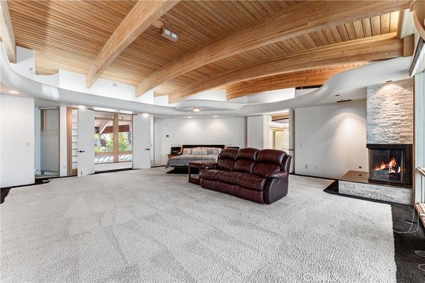 Fireplace, Interior, Living room, Recessed Lighting, Stone Walls, Wooden Beams, Wooden Ceilings
