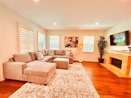 Fireplace, Interior, Living room, Recessed Lighting, Wood Texture Flooring