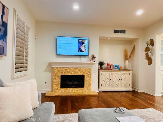 Fireplace, Interior, Recessed Lighting, Wood Texture Flooring