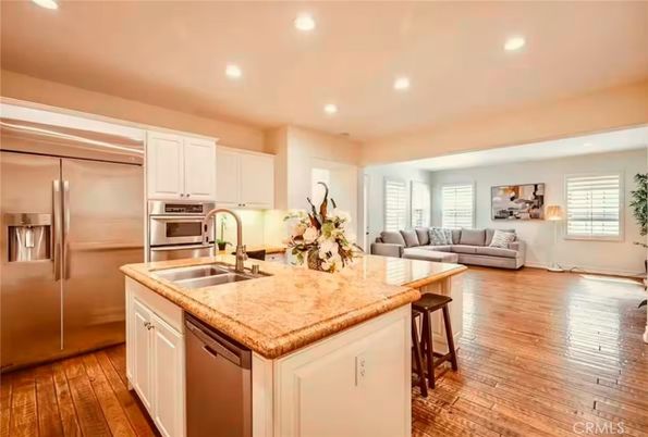 Interior, Kitchen, Living room, Recessed Lighting, Stainless Steel Appliances, Wood Texture Flooring