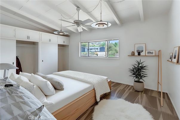 Bedroom, Interior, Pendant Lights, Wood Texture Flooring