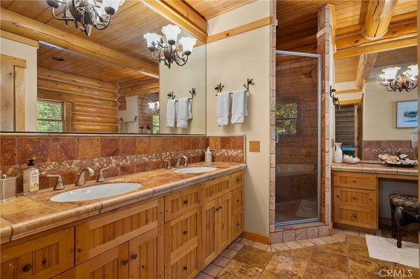 Bathroom, Dual Sink Vanities, Glass Shower, Interior, Tile Countertops, Wooden Ceilings, Wooden Walls