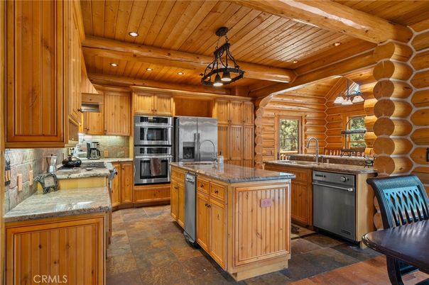 Chandelier, Interior, Kitchen, Recessed Lighting, Stainless Steel Appliances, Wooden Beams, Wooden Ceilings, Wooden Walls