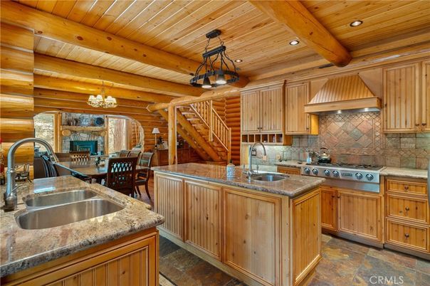 Chandelier, Dining room, Interior, Kitchen, Recessed Lighting, Stainless Steel Appliances, Wooden Beams, Wooden Ceilings