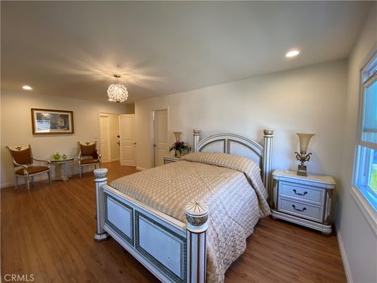 Bedroom, Chandelier, Interior, Recessed Lighting, Wood Texture Flooring
