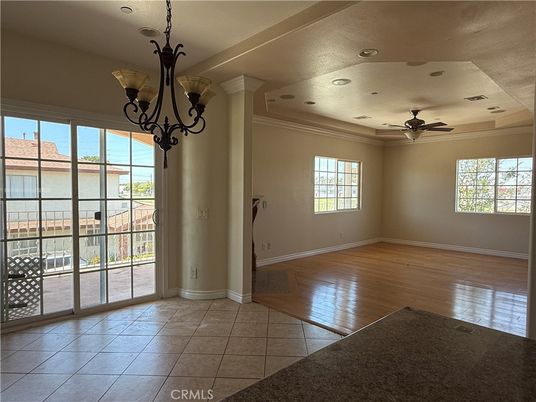 Chandelier, Empty room, Interior, Recessed Lighting, Wood Texture Flooring