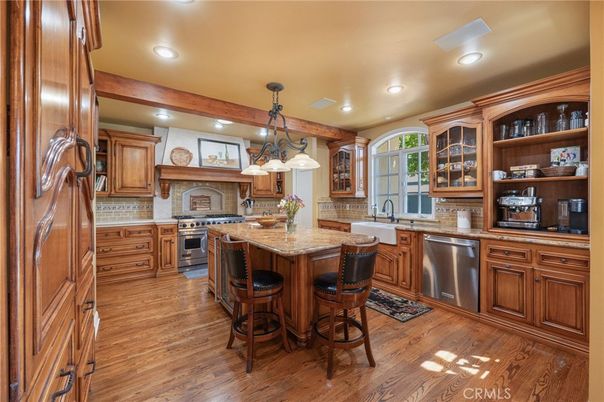 Interior, Kitchen, Pendant Lights, Recessed Lighting, Stainless Steel Appliances, Wooden Beams, Wood Texture Flooring