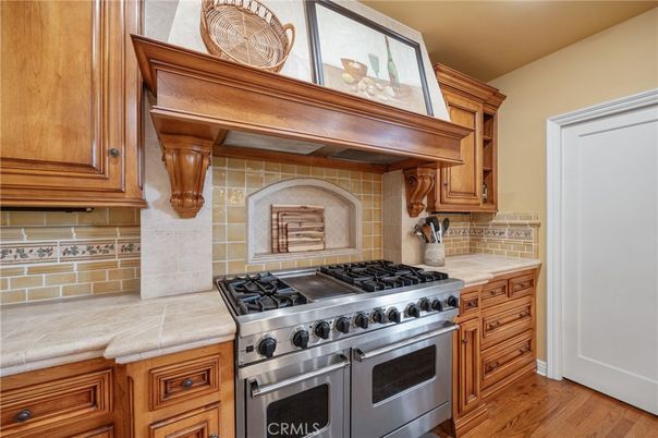 Interior, Kitchen, Tile Countertops, Wood Texture Flooring