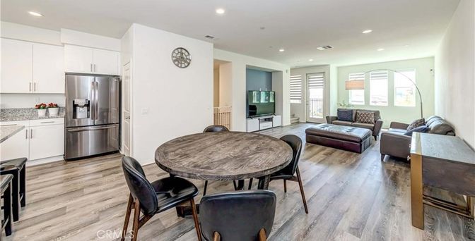 Dining room, Interior, Kitchen, Living room, Recessed Lighting, Stainless Steel Appliances, Wood Texture Flooring