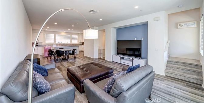 Dining room, Interior, Living room, Recessed Lighting, Wood Texture Flooring