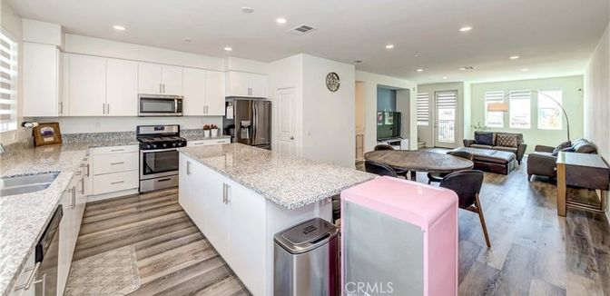 Interior, Kitchen, Living room, Recessed Lighting, Stainless Steel Appliances, Wood Texture Flooring