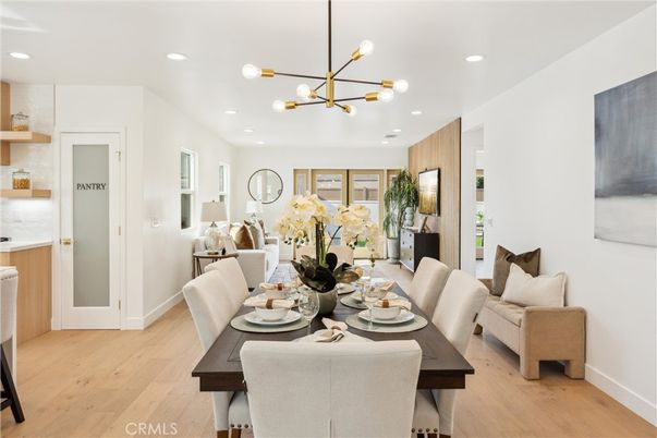 Dining room, Interior, Pendant Lights, Recessed Lighting, Wood Texture Flooring