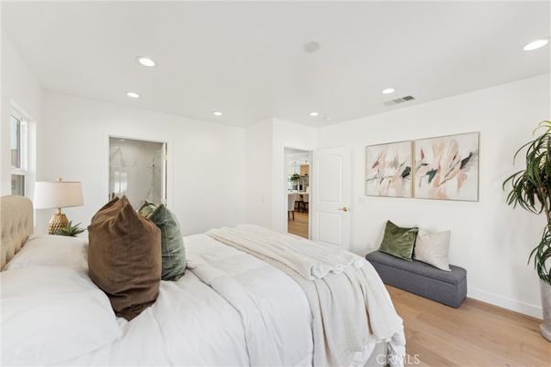 Bedroom, Interior, Recessed Lighting, Wood Texture Flooring