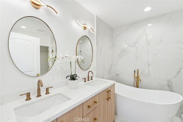 Bathroom, Dual Sink Vanities, Free Standing Baths, Interior, Marble Walls, Recessed Lighting