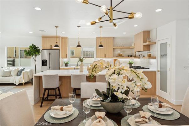 Dining room, Interior, Kitchen, Pendant Lights, Recessed Lighting, Stainless Steel Appliances, Wood Texture Flooring