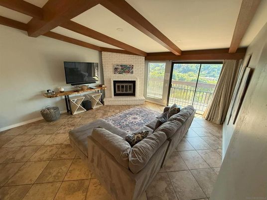 Fireplace, Interior, Living room, Recessed Lighting, Stone Walls, Wooden Beams