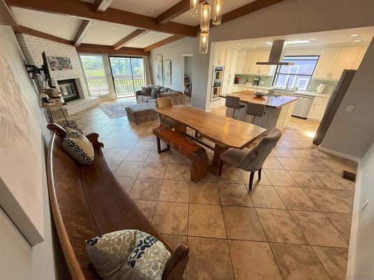 Dining room, Fireplace, Interior, Kitchen, Living room, Recessed Lighting, Wooden Beams