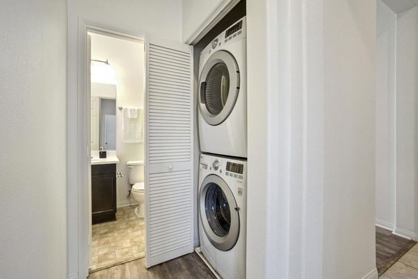 Bathroom, Interior, Utility Closets, Washer, Wood Texture Flooring