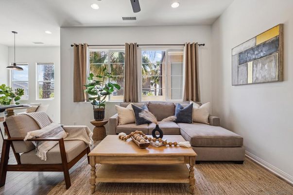 Dining room, Interior, Living room, Pendant Lights, Recessed Lighting, Wood Texture Flooring