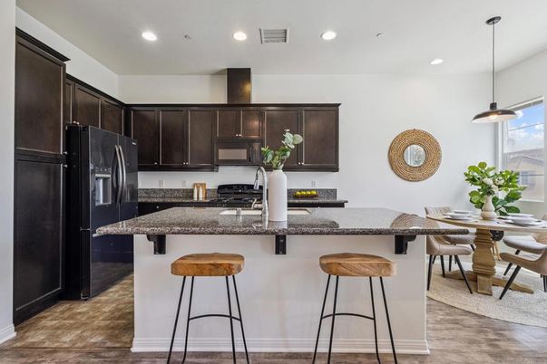 Dining room, Interior, Kitchen, Pendant Lights, Recessed Lighting, Wood Texture Flooring