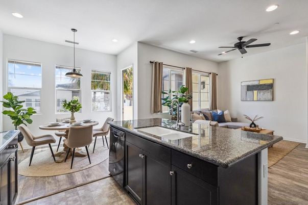 Dining room, Interior, Living room, Pendant Lights, Recessed Lighting, Wood Texture Flooring