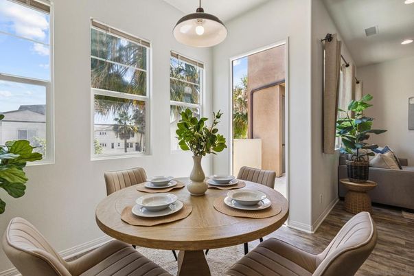Dining room, Interior, Pendant Lights, Recessed Lighting, Wood Texture Flooring