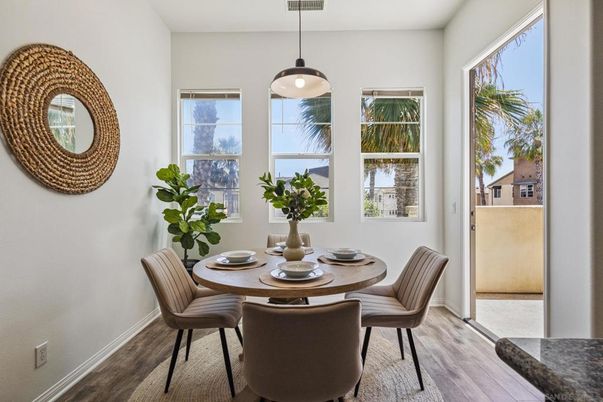 Dining room, Interior, Pendant Lights, Wood Texture Flooring