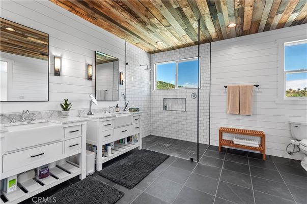 Bathroom, Dual Sink Vanities, Interior, Recessed Lighting, Wooden Ceilings