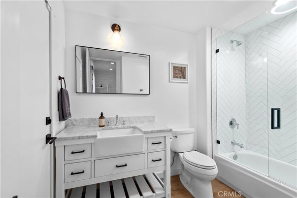 Bathroom, Glass Shower, Interior, Wood Texture Flooring