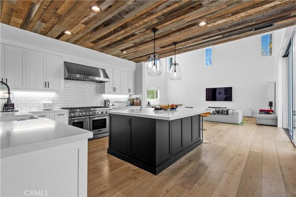 Interior, Kitchen, Living room, Pendant Lights, Recessed Lighting, Stainless Steel Appliances, Wooden Ceilings, Wood Texture Flooring