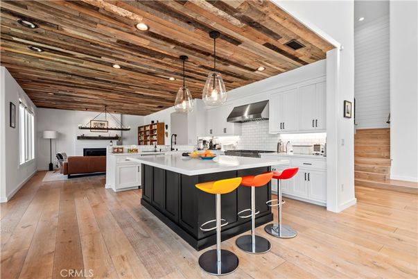 Interior, Kitchen, Pendant Lights, Recessed Lighting, Stainless Steel Appliances, Wooden Beams, Wooden Ceilings, Wood Texture Flooring