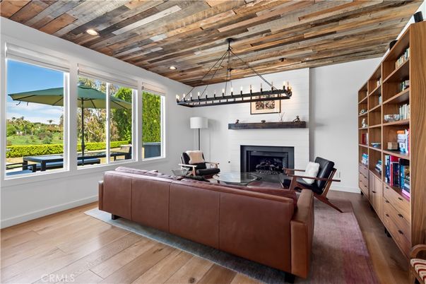 Fireplace, Interior, Living room, Pendant Lights, Recessed Lighting, Wooden Beams, Wooden Ceilings, Wood Texture Flooring