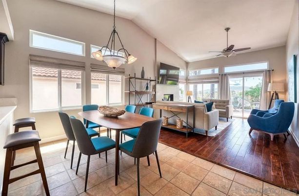 Dining room, Interior, Living room, Pendant Lights, Wood Texture Flooring