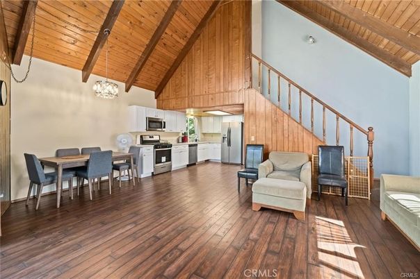 Chandelier, Dining room, Interior, Kitchen, Stainless Steel Appliances, Wooden Beams, Wooden Ceilings, Wood Texture Flooring, Wooden Walls