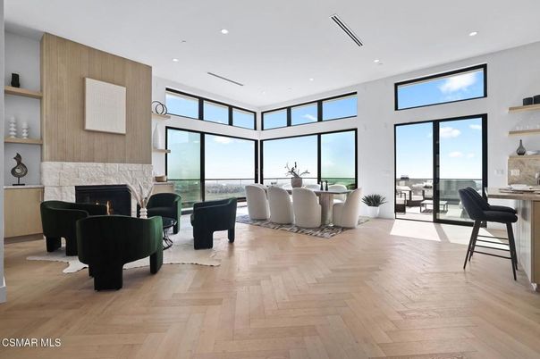 Dining room, Fireplace, Interior, Living room, Recessed Lighting, Wood Texture Flooring