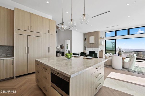 Interior, Kitchen, Pendant Lights, Recessed Lighting, Stainless Steel Appliances, Water, Wood Texture Flooring