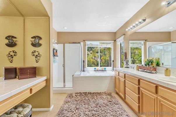 Bathroom, Dual Sink Vanities, Interior, Recessed Lighting, Tile Countertops