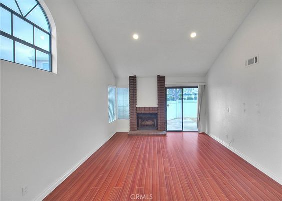 Empty room, Fireplace, Interior, Recessed Lighting, Wood Texture Flooring