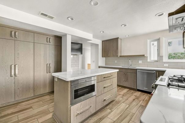 Interior, Kitchen, Recessed Lighting, Stainless Steel Appliances, Wood Texture Flooring