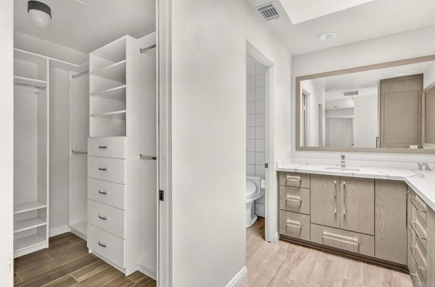 Bathroom, Interior, Recessed Lighting, Walk-in Closets, Wood Texture Flooring