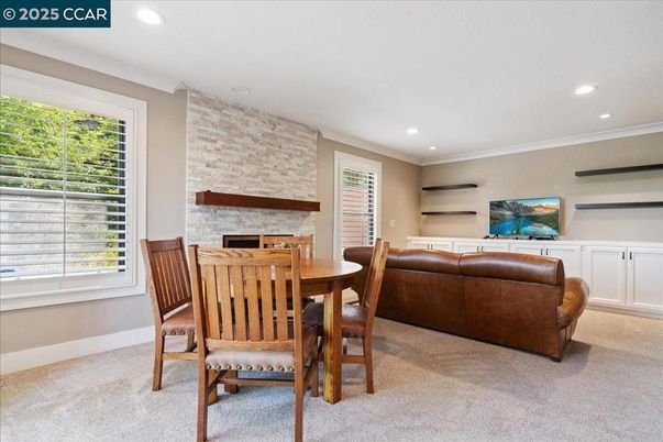 Dining room, Fireplace, Interior, Living room, Recessed Lighting, Stone Walls