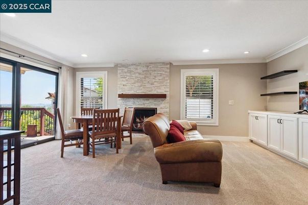 Dining room, Fireplace, Interior, Living room, Recessed Lighting, Stone Walls