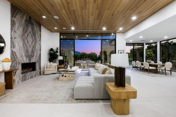 Dining room, Fireplace, Interior, Living room, Recessed Lighting, Wooden Ceilings