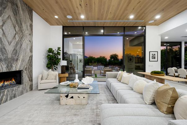 Fireplace, Interior, Living room, Recessed Lighting, Wooden Ceilings