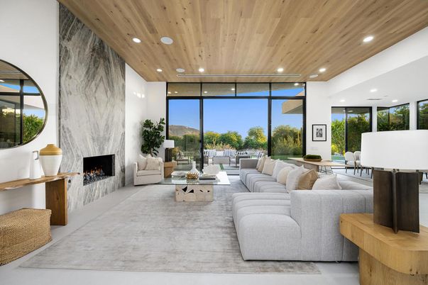 Fireplace, Interior, Living room, Recessed Lighting, Wooden Ceilings