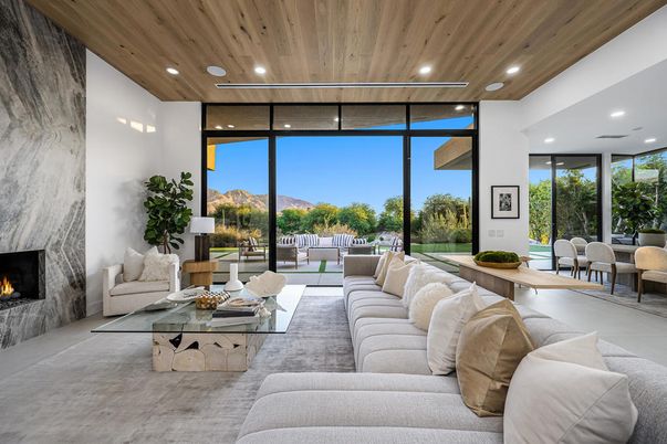 Fireplace, Interior, Living room, Recessed Lighting, Wooden Ceilings