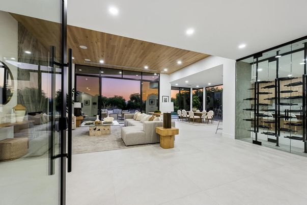 Dining room, Interior, Living room, Recessed Lighting, Wine Storage, Wooden Ceilings