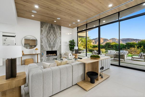 Fireplace, Interior, Living room, Recessed Lighting, Wooden Ceilings